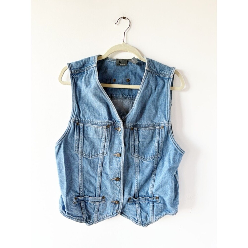 Vintage 90s Lizwear Denim Jean Vest Medium Wash Button Front Pocket Western L
